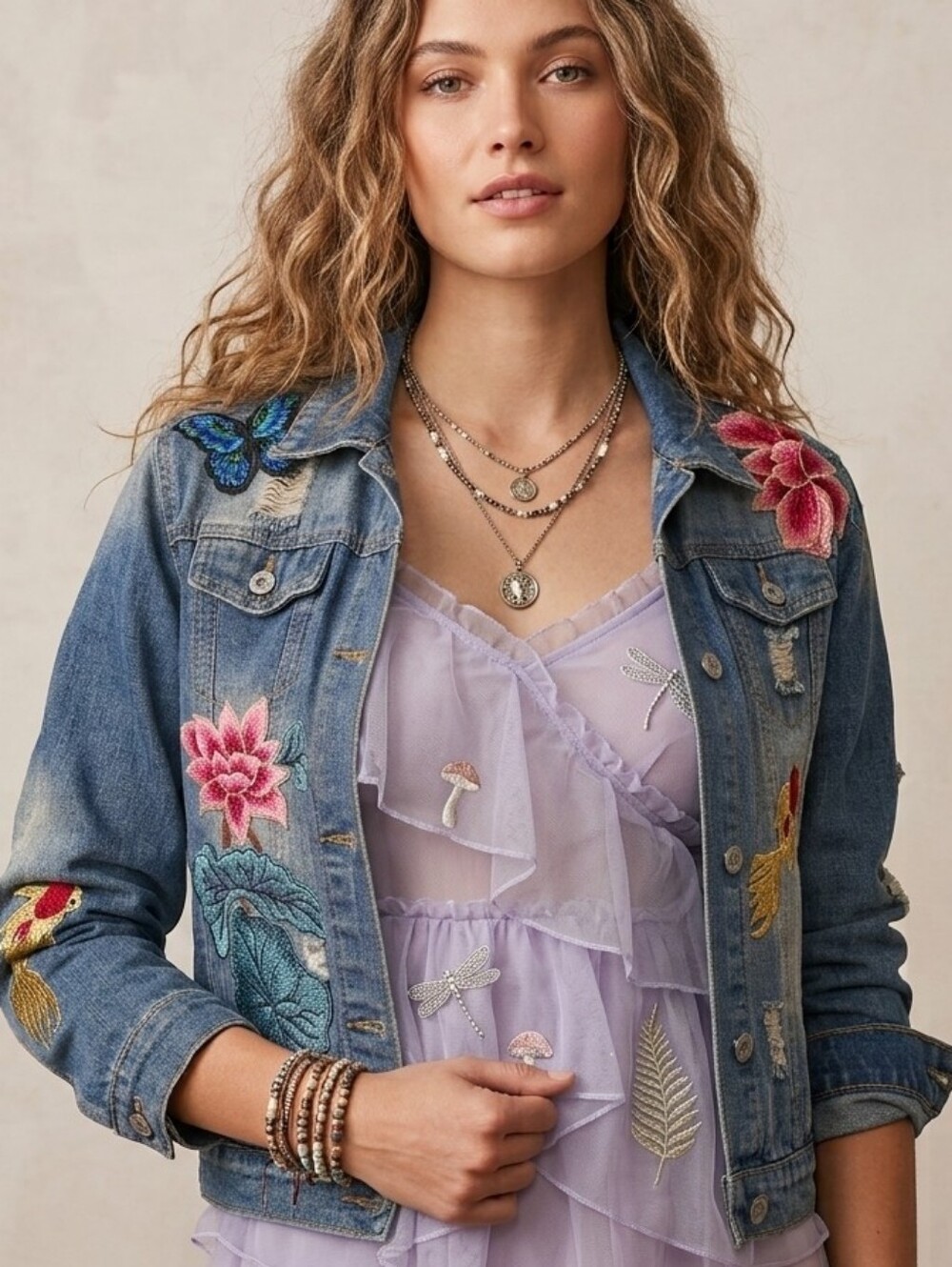 Handmade Unique Embroidered Denim Jacket Bomber Boho Lotus Koi Fish Distressed M